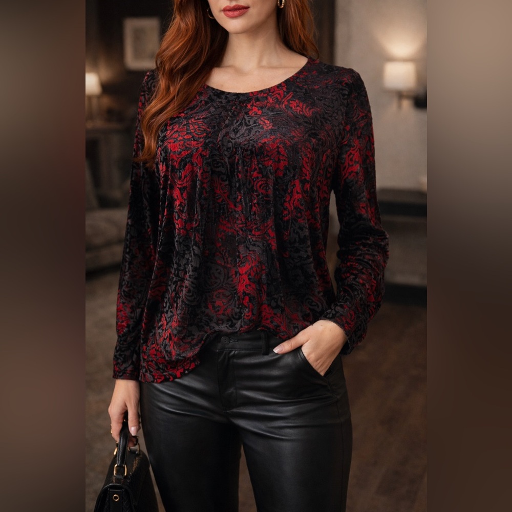 Vintage Tanjay Burnout Velvet Blouse Medium Petite Black Red Sheer 90s